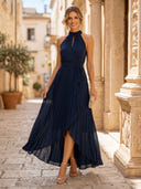 Chiffon A Line Halter Sleeveless High Low Cocktail Dresses with Pleats
