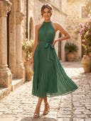 Chiffon A Line Halter Sleeveless Midi Cocktail Dresses with Pleats