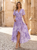 Chiffon A Line V Neck Short Sleeves High Low Cocktail Dresses with Pleats
