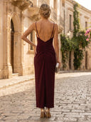 Satin Mermaid V Neck Spaghetti Straps Long Cocktail Dresses with Slit