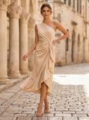 Satin Mermaid One Shoulder Long Cocktail Dresses with Ruffles