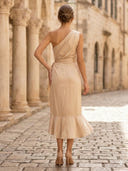 Satin Mermaid One Shoulder Long Cocktail Dresses with Ruffles