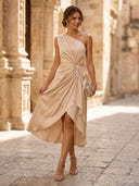 Satin A Line One Shoulder High Low Cocktail Dresses with Ruffles