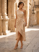 Satin A Line One Shoulder High Low Cocktail Dresses with Ruffles