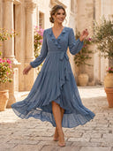 Chiffon A Line V Neck Long Sleeves High Low Cocktail Dresses with Ruffles