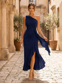 Chiffon Mermaid One Shoulder Long Cocktail Dresses with Ruffles