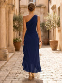 Chiffon Mermaid One Shoulder Long Cocktail Dresses with Ruffles