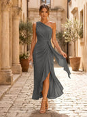 Chiffon Mermaid One Shoulder Long Cocktail Dresses with Ruffles