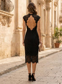 Lace Mermaid Short Sleeves Midi Cocktail Dresses with Backless