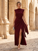 Chiffon Mermaid Short Sleeves Long Cocktail Dresses with Slit