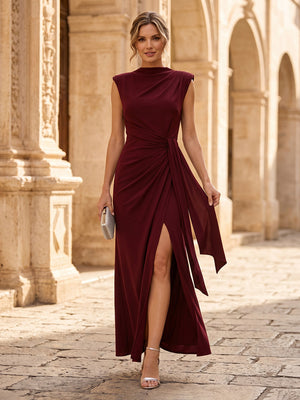 Chiffon Mermaid Short Sleeves Long Cocktail Dresses with Slit