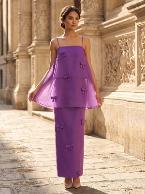 Chiffon Sheath Square Neck Spaghetti Straps Long Cocktail Dresses with Bow