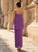 Chiffon Sheath Square Neck Spaghetti Straps Long Cocktail Dresses with Bow