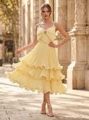 Tiered Chiffon A Line Spaghetti Straps Midi Cocktail Dresses with Bow