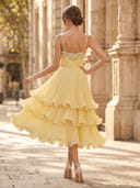 Tiered Chiffon A Line Spaghetti Straps Midi Cocktail Dresses with Bow