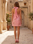 Satin A Line Halter Sleeveless Short Cocktail Dresses with Bow
