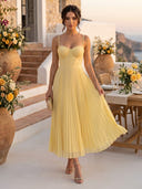 Chiffon Spaghetti Straps Sweetheart Corset A Line Midi Cocktail Dresses with Pleated