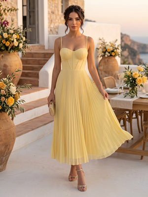 Chiffon Spaghetti Straps Sweetheart Corset A Line Midi Cocktail Dresses with Pleated