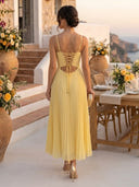 Chiffon Spaghetti Straps Sweetheart Corset A Line Midi Cocktail Dresses with Pleated