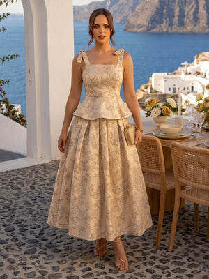 Floral Jacquard Two-Piece Peplum Midi Cocktail Dresses with Bow Straps