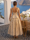 Floral Jacquard Two-Piece Peplum Midi Cocktail Dresses with Bow Straps