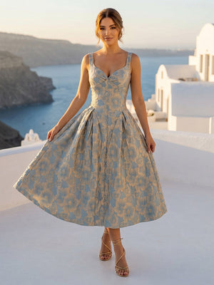 Floral Jacquard V Neck Midi Cocktail Dresses with Straps