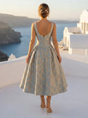 Floral Jacquard V Neck Midi Cocktail Dresses with Straps