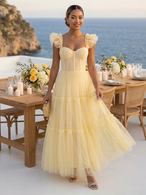 Tulle A Line Corset Sweetheart Midi Cocktail Dresses with Ruffles