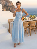 Chiffon Corset A Line 3D Floral Appliques Midi Cocktail Dresses with Bow Straps