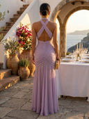 Chiffon V Neck Mermaid Ruffles Long Cocktail Dresses with Beads