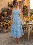 Tulle A Line Spaghetti Straps Midi Cocktail Dresses with 3D Floral Appliques