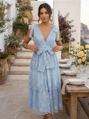 Tulle V Neck A Line Ruffles Mid Cocktail Dresses with Bow