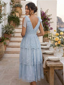 Tulle V Neck A Line Ruffles Mid Cocktail Dresses with Bow