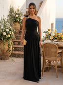 Chiffon One Shoulder Mermaid Long Cocktail Dresses with Ruched