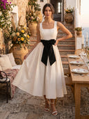 Satin A Line Square Neck Spaghetti Straps Midi Cocktail Dresses with Bows