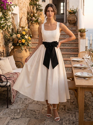 Satin A Line Square Neck Spaghetti Straps Midi Cocktail Dresses with Bows