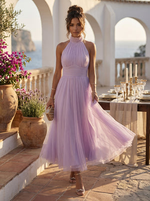 Chiffon Halter Midi Sleeveless A Line Cocktail Dresses with Ruched