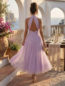 Chiffon Halter Midi Sleeveless A Line Cocktail Dresses with Ruched
