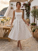 Polka Dot Square Neck Sleeveless A Line Flared Mid Cocktail Dresses