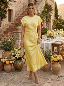 Satin Round Neck Dolman Sleeve Cocktail Dresses with Waist Twist