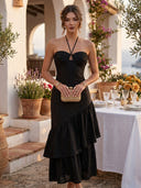Chiffon Mermaid Halter Long Cocktail Dresses with Rufffles