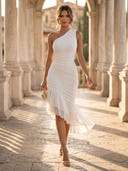 Chiffon One Shoulder Midi Sleeveless Mermaid Cocktail Dresses with Ruched