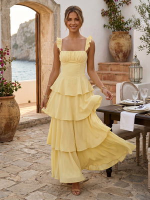 Chiffon Square Neck Ruffles Sleeves A Line Tiered Cocktail Dresses