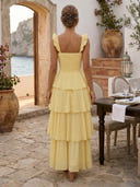 Chiffon Square Neck Ruffles Sleeves A Line Tiered Cocktail Dresses