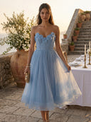 Tulle Strapless A Line Mid Cocktail Dresses with 3D Flower