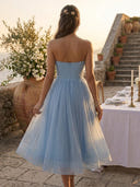 Tulle Strapless A Line Mid Cocktail Dresses with 3D Flower