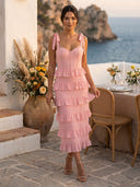 Satin Tiered Long Sheath Mermaid Cocktail Dresses with Bow Straps