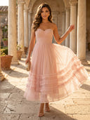 Tulle A Line Strapless Long Cocktail Dresses with Rufffles