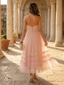 Tulle A Line Strapless Long Cocktail Dresses with Rufffles