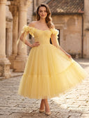 Tulle A Line Strapless Off Shoulder Tea Cocktail Dresses with 3D Flower